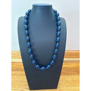 Vintage Blue Bead Necklace With Gold-Tone Accents & Screw Clasp